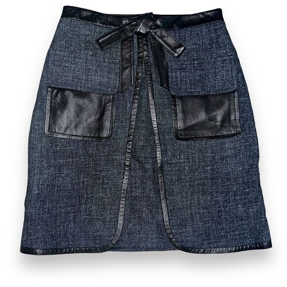 Robert Rodriguez Skirt Gray Tweed Wool & Black Leather Accent Bow Pockets Size 6 - Picture 1 of 6